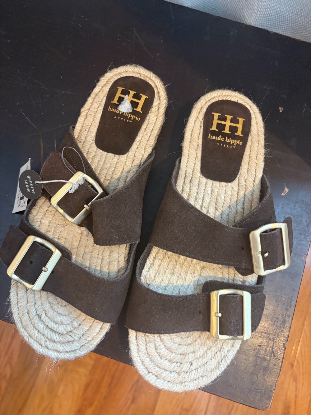 Haute Hippie Brown Suede Double-Buckle Espadrille Slide Sandals